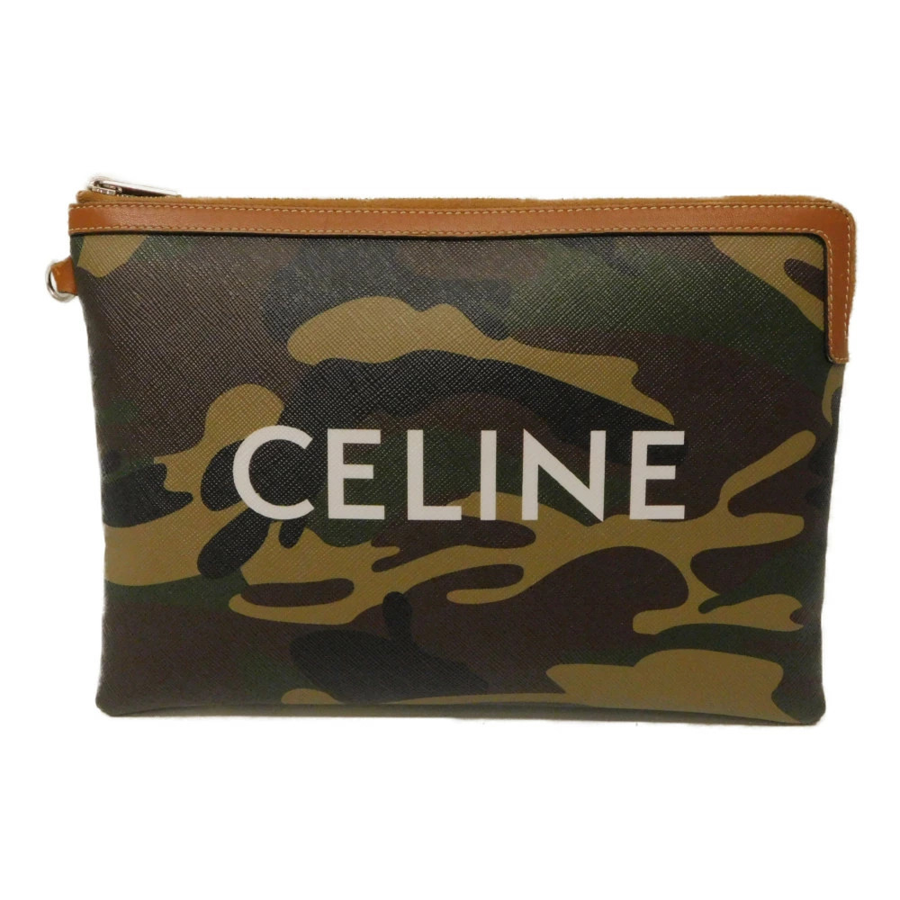 CELINE Compact Zip Clutch Bag Camouflage Khaki Brown Green Canvas Leather